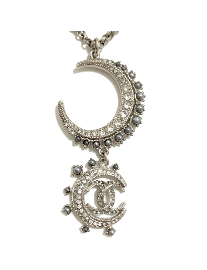 Sautoir CHANEL métal argent et strass