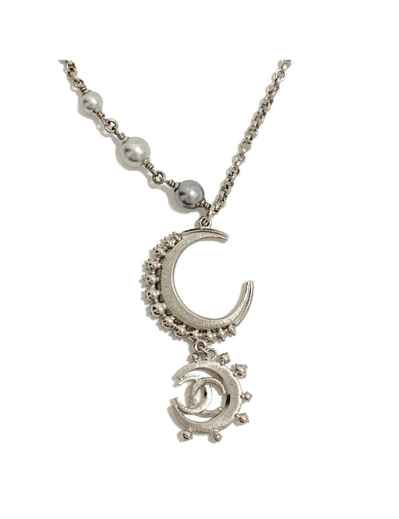 Sautoir CHANEL métal argent et strass