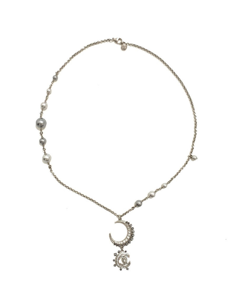 Sautoir CHANEL métal argent et strass