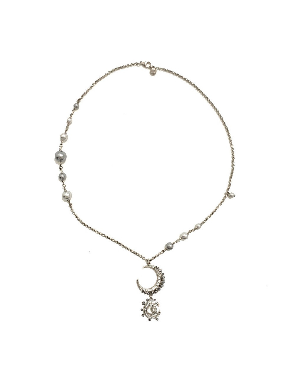 Sautoir CHANEL métal argent et strass