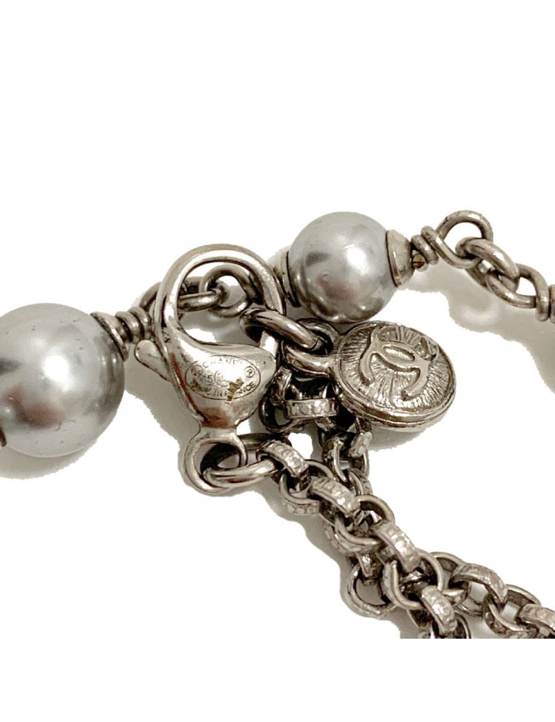 Sautoir CHANEL métal argent et strass