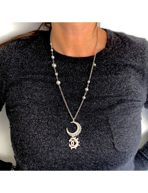 Sautoir CHANEL métal argent et strass