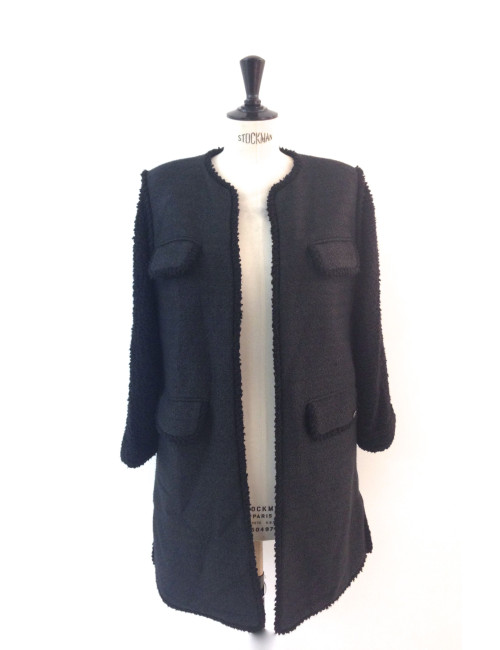 Veste CHANEL longue noire en tweed T 40