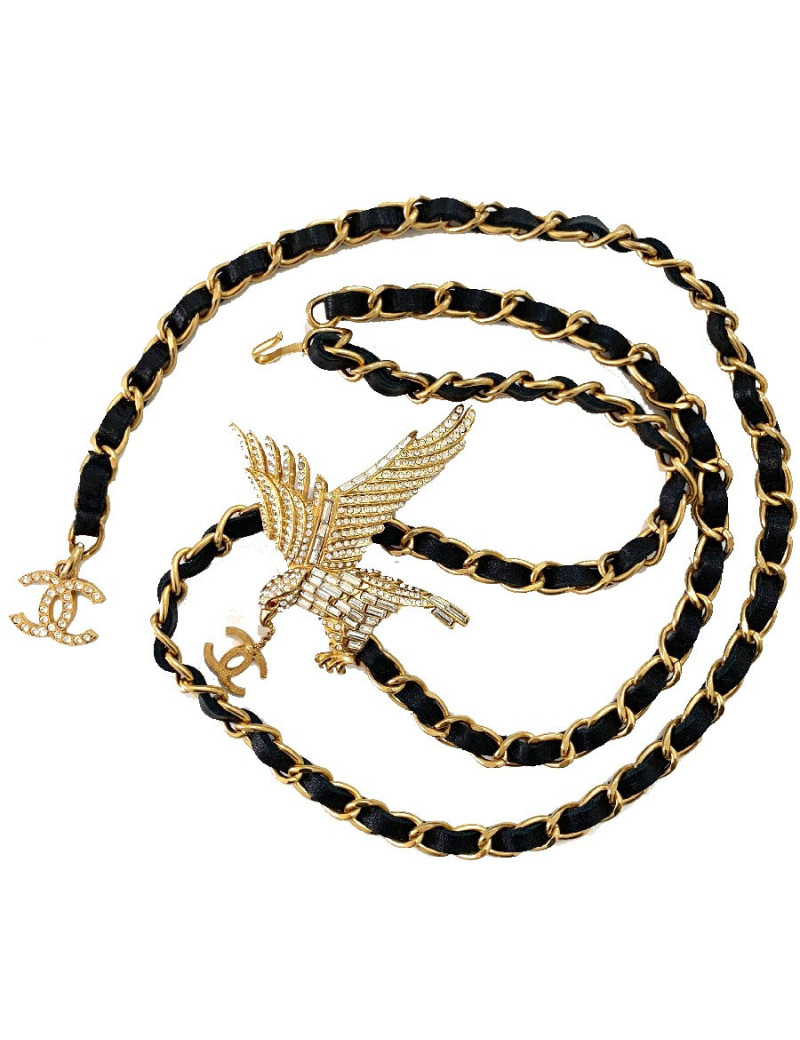 Ceinture CHANEL Aigle vintage en métal doré et cuir noir