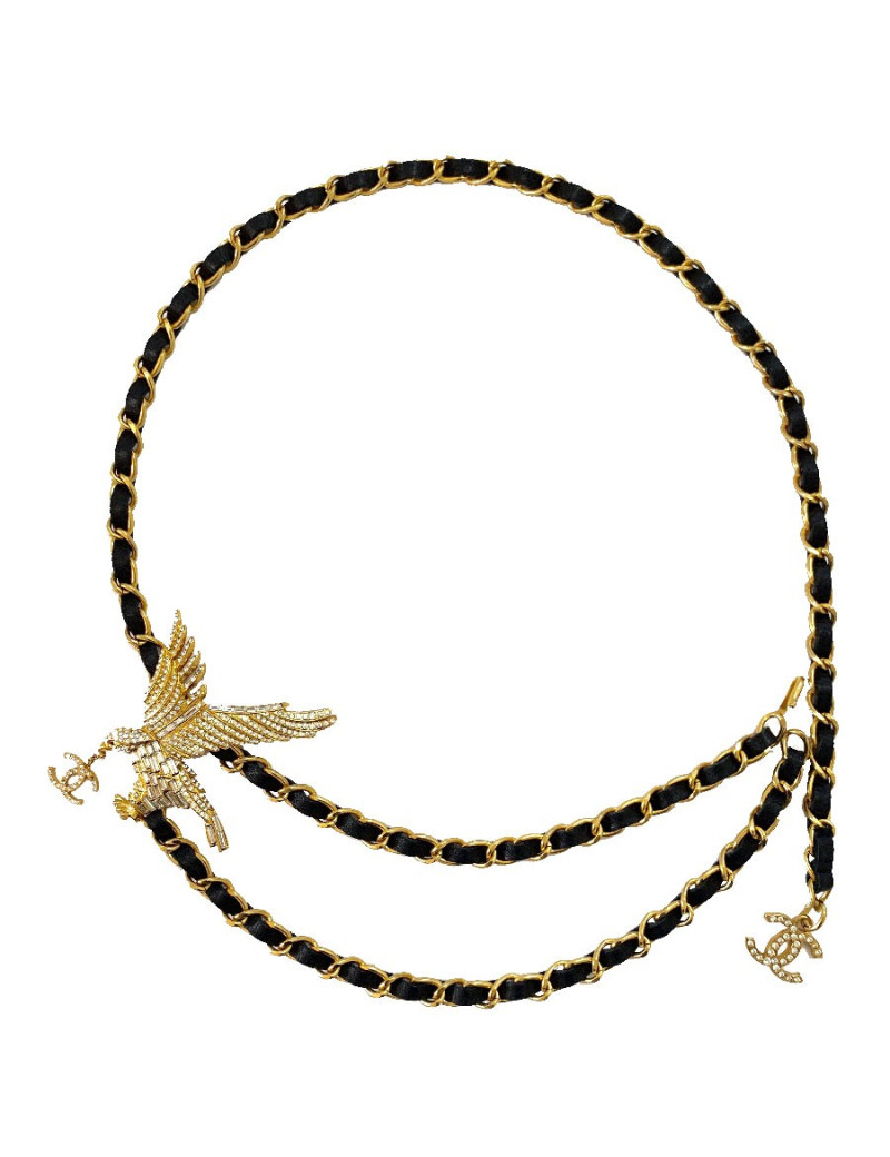 Ceinture CHANEL Aigle vintage en métal doré et cuir noir