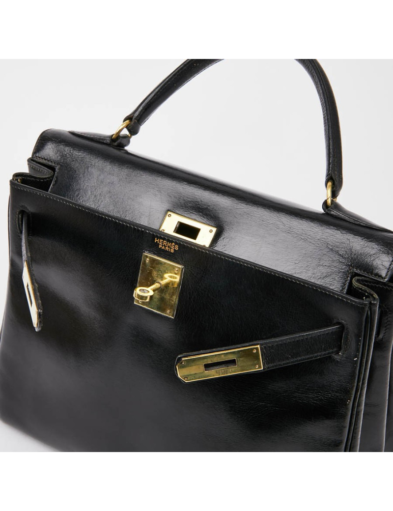 Sac Kelly 28 HERMES vintage cuir box noir