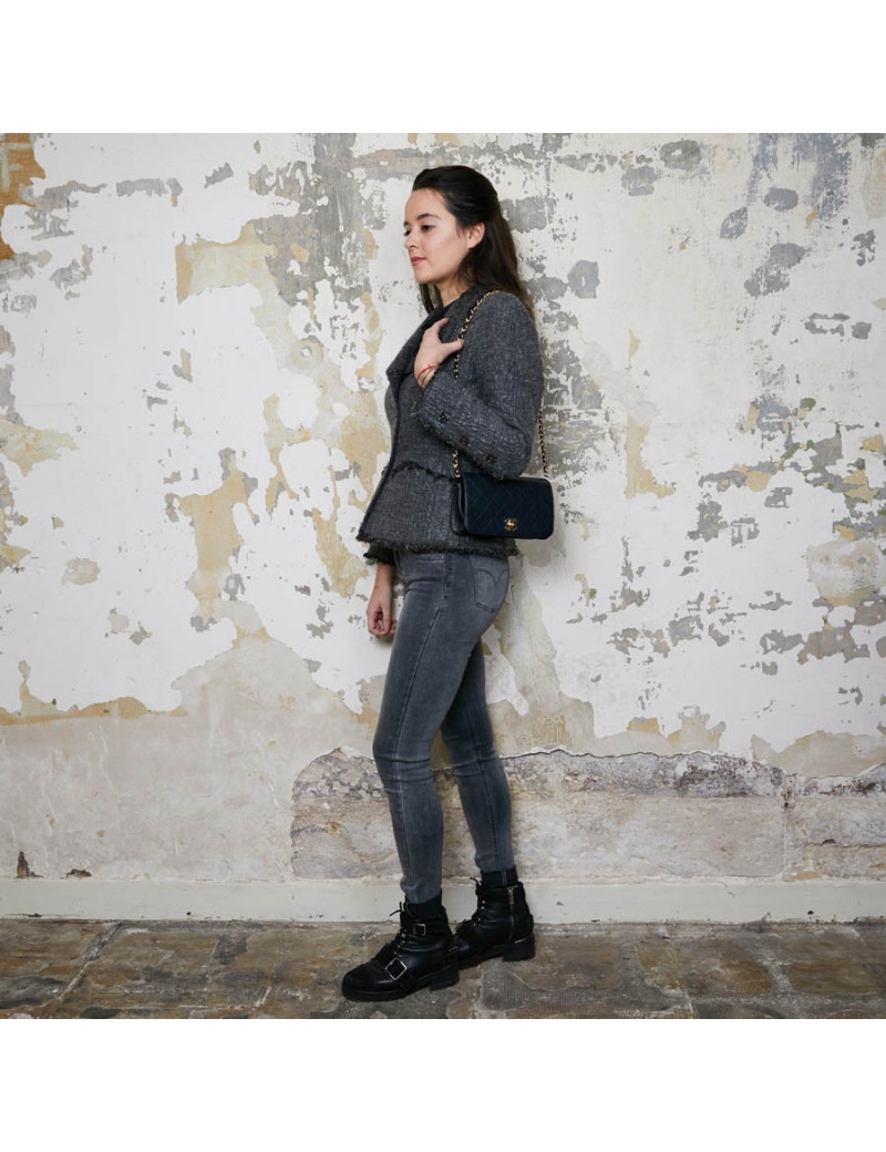 Sac wallet CHANEL cuir d'agneau bleu Vintage