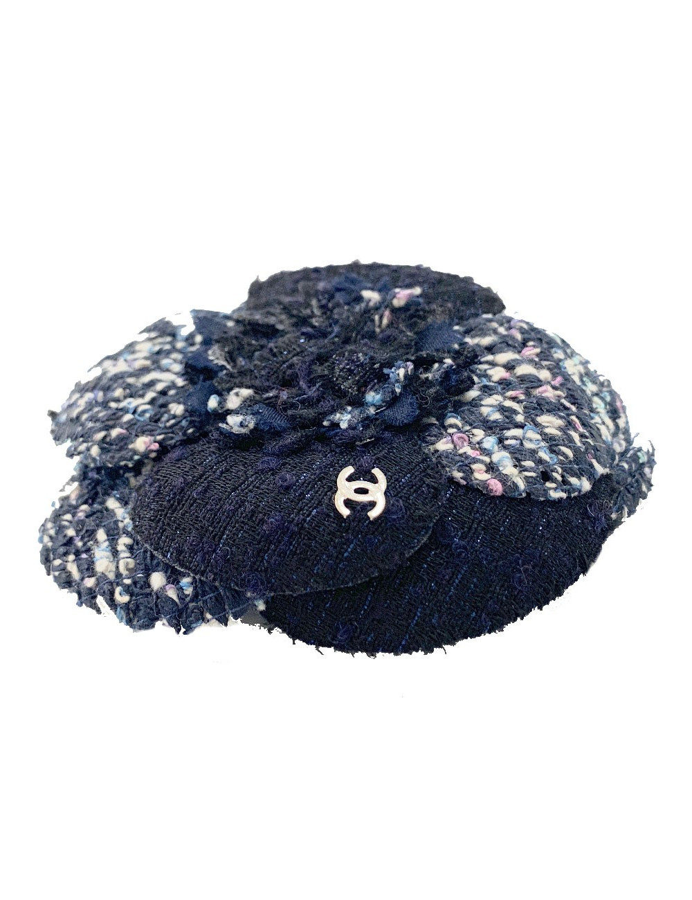Broche camélia CHANEL tweed bleu