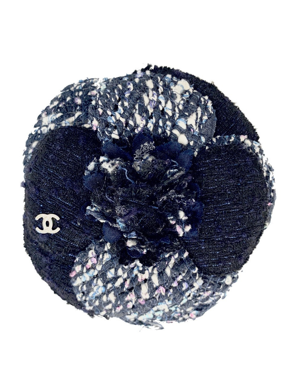 Broche camélia CHANEL tweed bleu