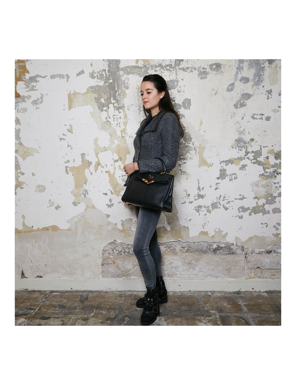 Kelly 32 HERMES cuir grainé noir 