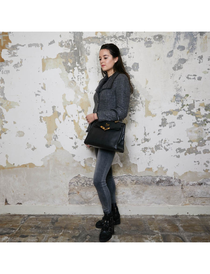 Sac Kelly 32 HERMES cuir grainé noir 