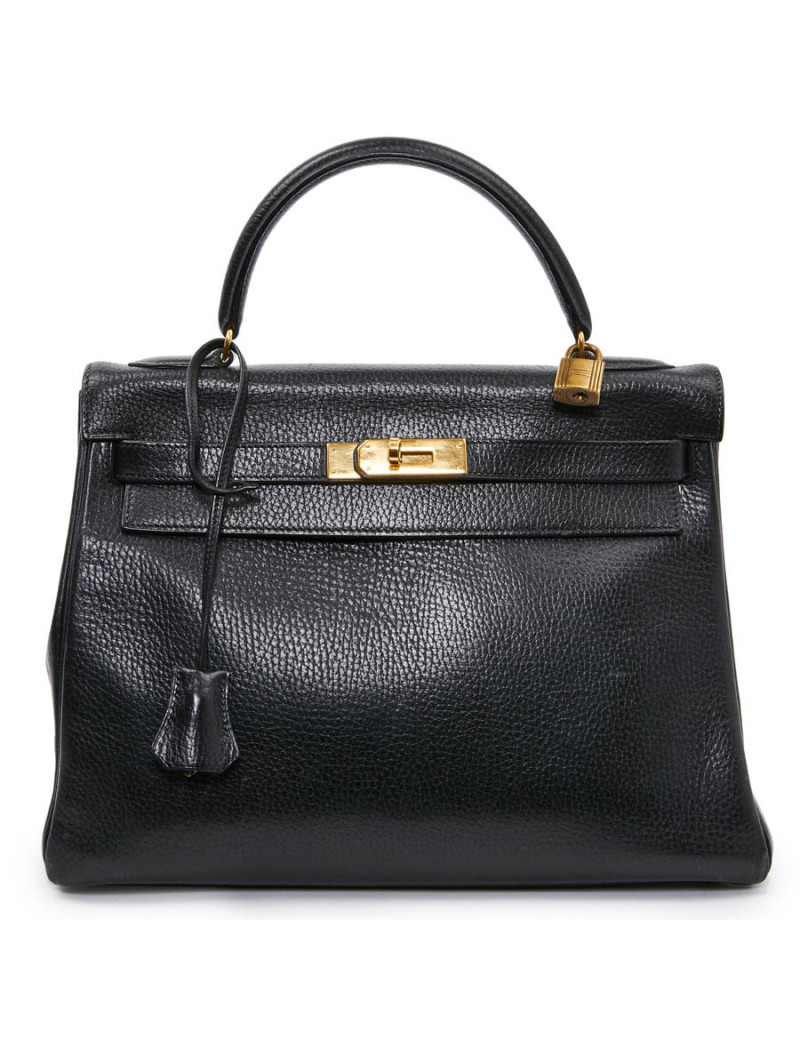 Sac Kelly 32 HERMES cuir grainé noir 