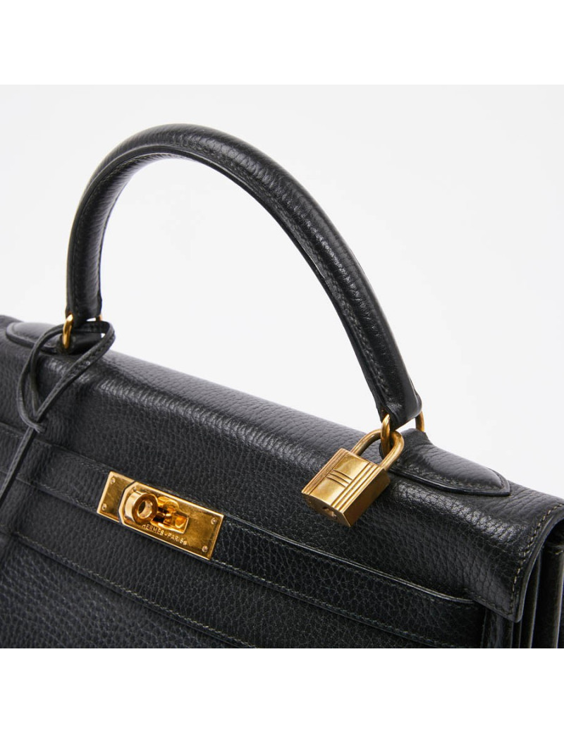 Sac Kelly 32 HERMES cuir grainé noir 