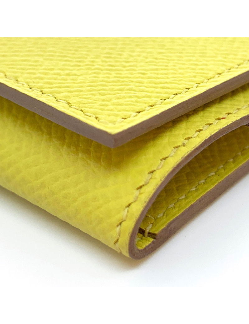Porte-cartes HERMES Guernesey 3CC jaune en cuir grainé