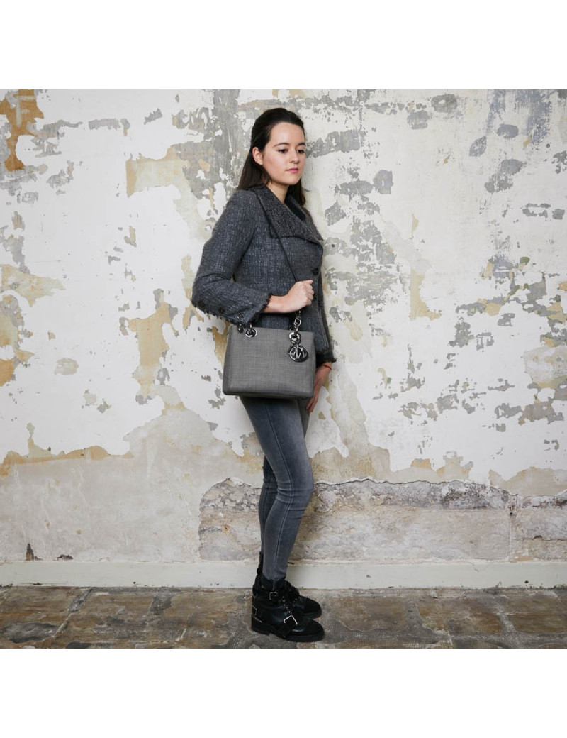 Sac Lady D CHRISTIAN DIOR tissu gris