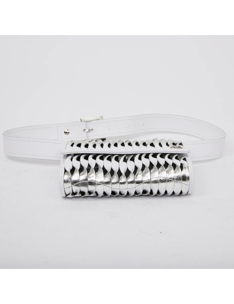 Banane COURREGES cuir lisse blanc torsadé blanc et argenté