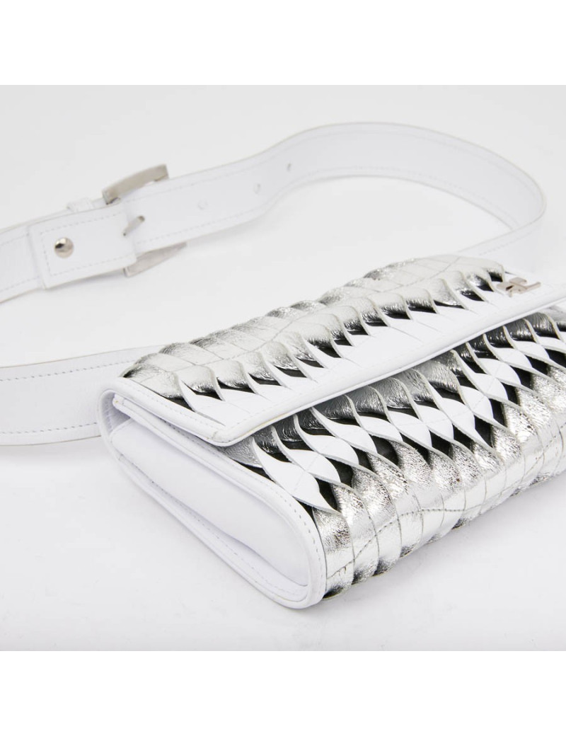 Banane COURREGES cuir lisse blanc torsadé blanc et argenté