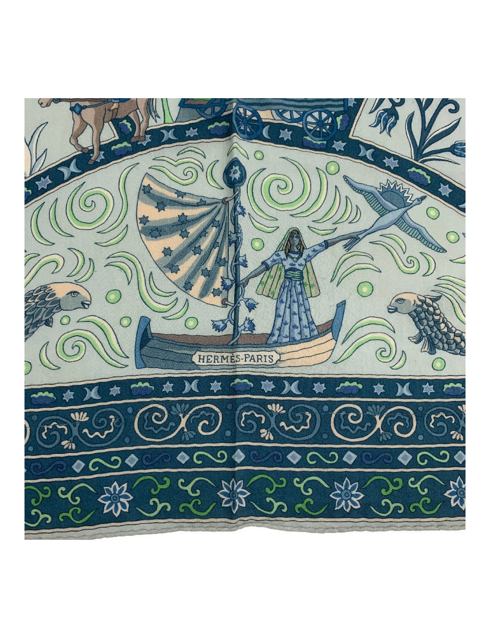 Châle HERMES 'Peuple du vent' en cachemire et soie bleue 
