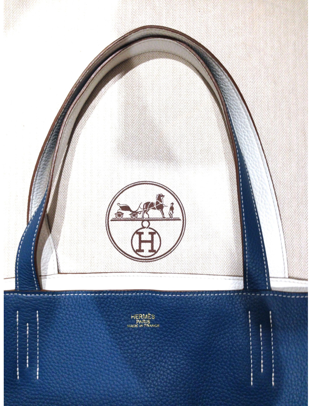 Sac Cabat HERMES Taurillon Clémence Double Sens blanc/bleu de Malte
