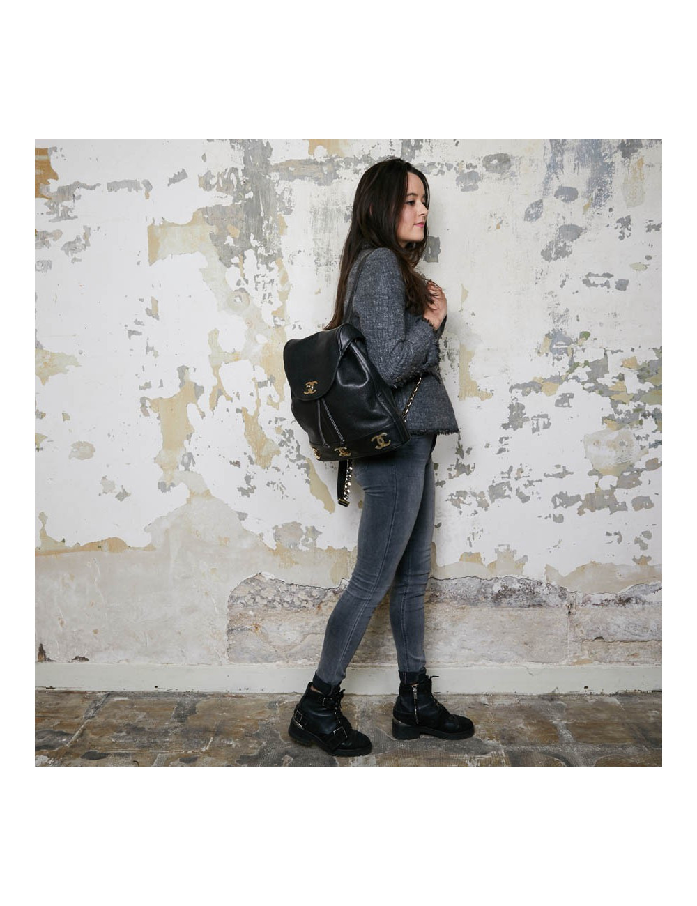 Sac à dos CHANEL cuir caviar noir Vintage