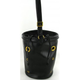 Bag bucket HERMES black leather and gold metal eyelets - VALOIS VINTAGE ...