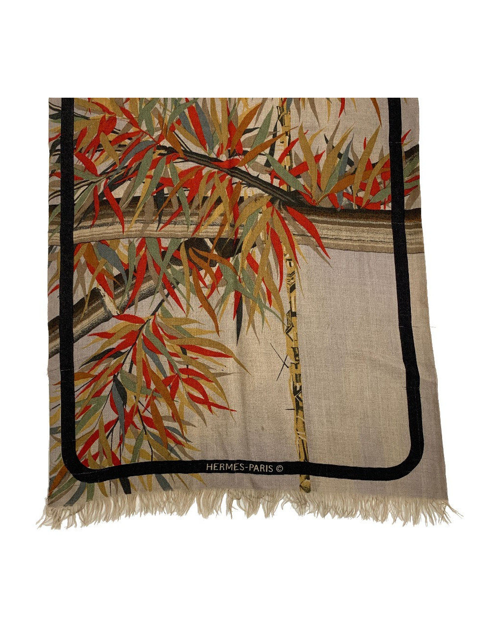 Echarpe homme Hermes cachemire marron dessin branches de bambou