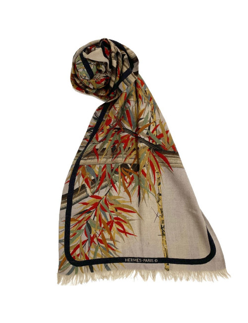 Echarpe homme Hermes cachemire marron dessin branches de bambou