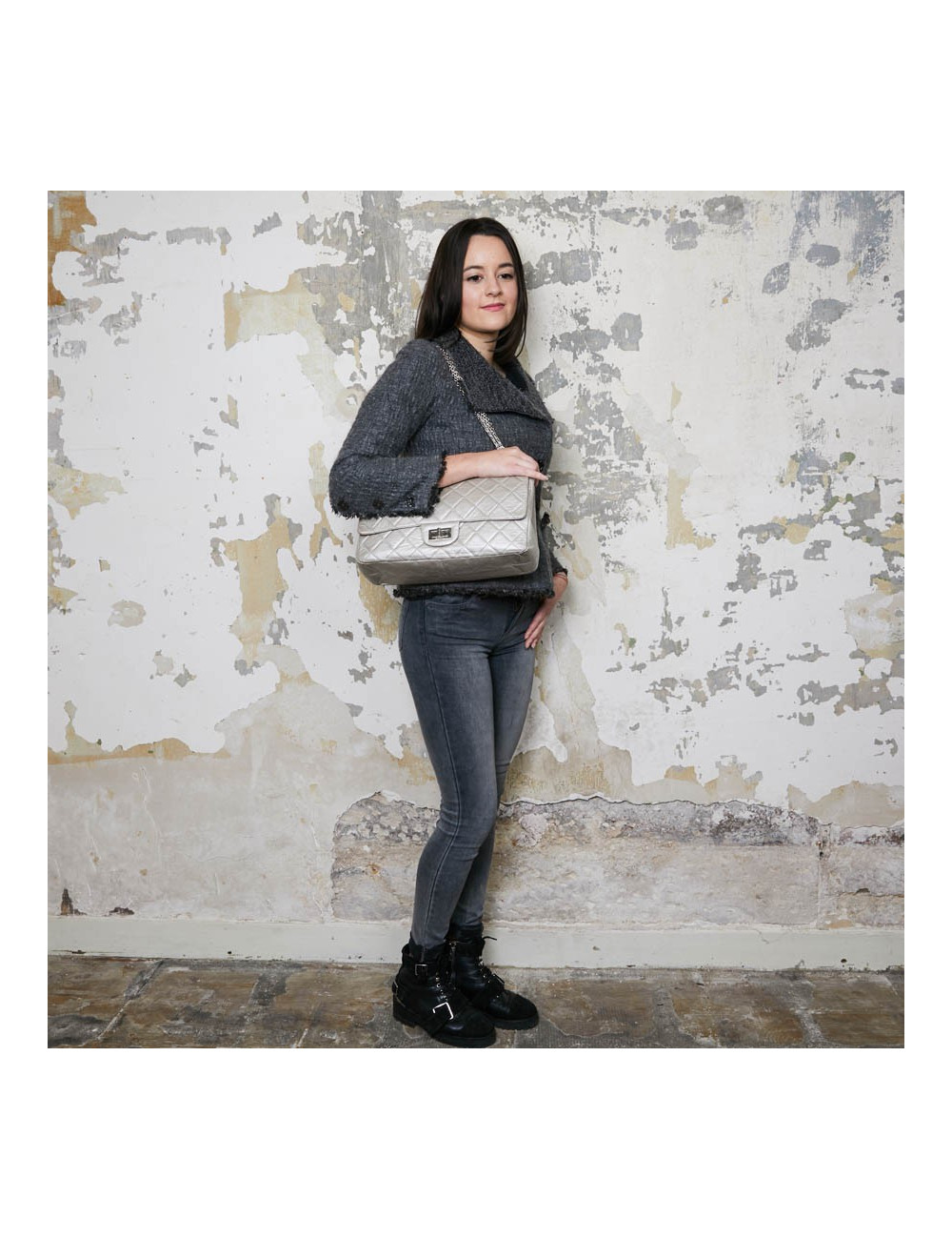 Jumbo CHANEL cuir vieilli argent