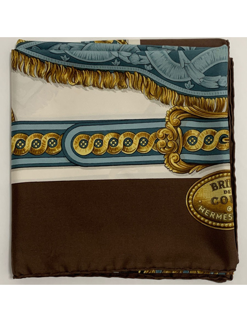 Carré HERMES Bride de Cour en soie marron