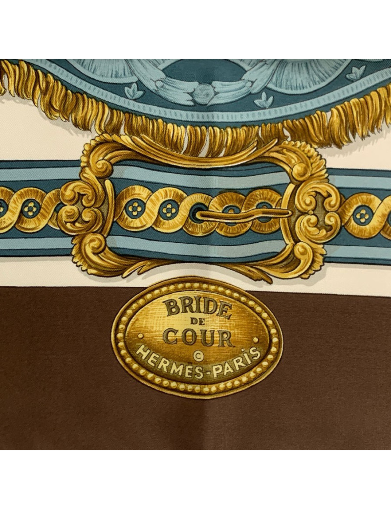 Carré HERMES Bride de Cour en soie marron