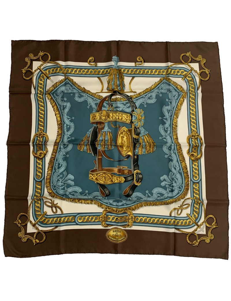 Carré HERMES Bride de Cour en soie marron