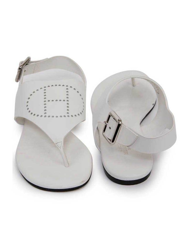 Sandales HERMES KOLA T37 cuir blanc perforé