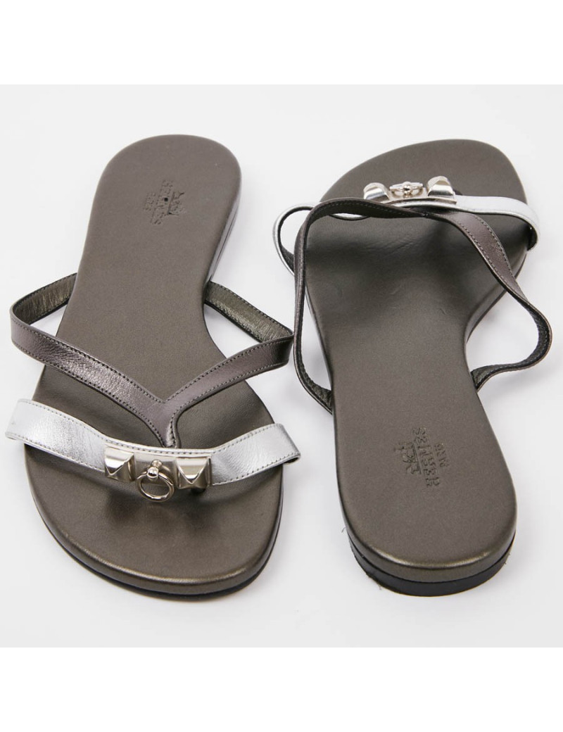 Sandales HERMES T37,5 cuir vert et argent