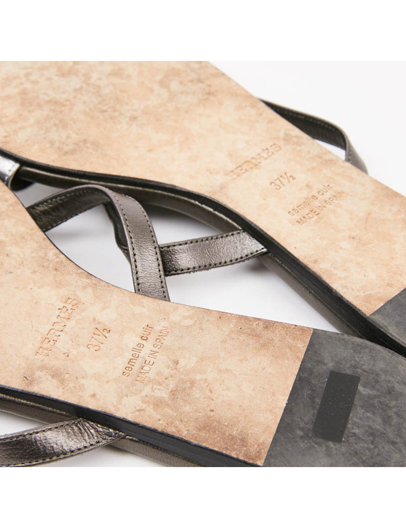 Sandales HERMES T37,5 cuir vert et argent