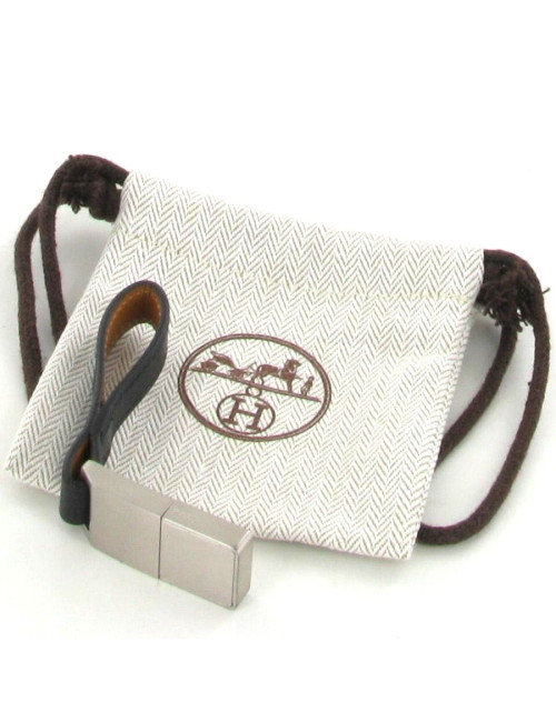 Dragonne clé USB HERMES cuir noir et métal 