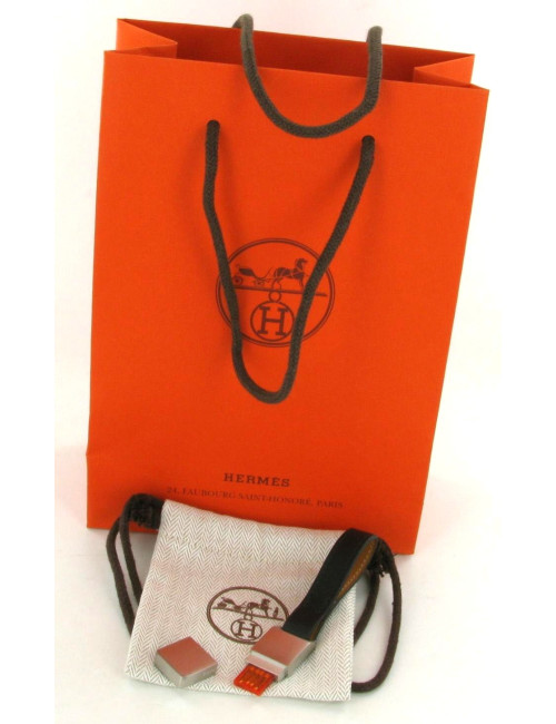 Dragonne clé USB HERMES cuir noir et métal 
