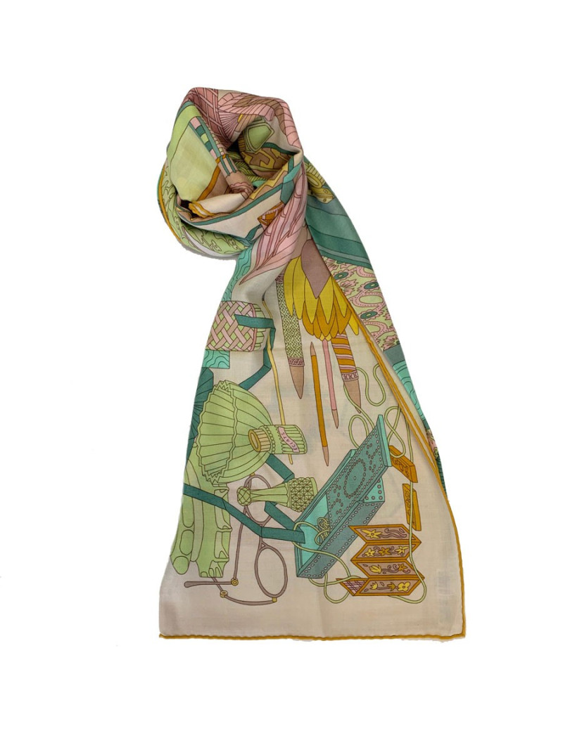 Châle HERMES "Les trésors  d'un artis" vert et vieux rose