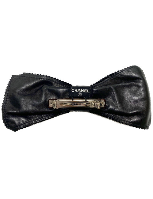 Barette CHANEL noeud cuir noir