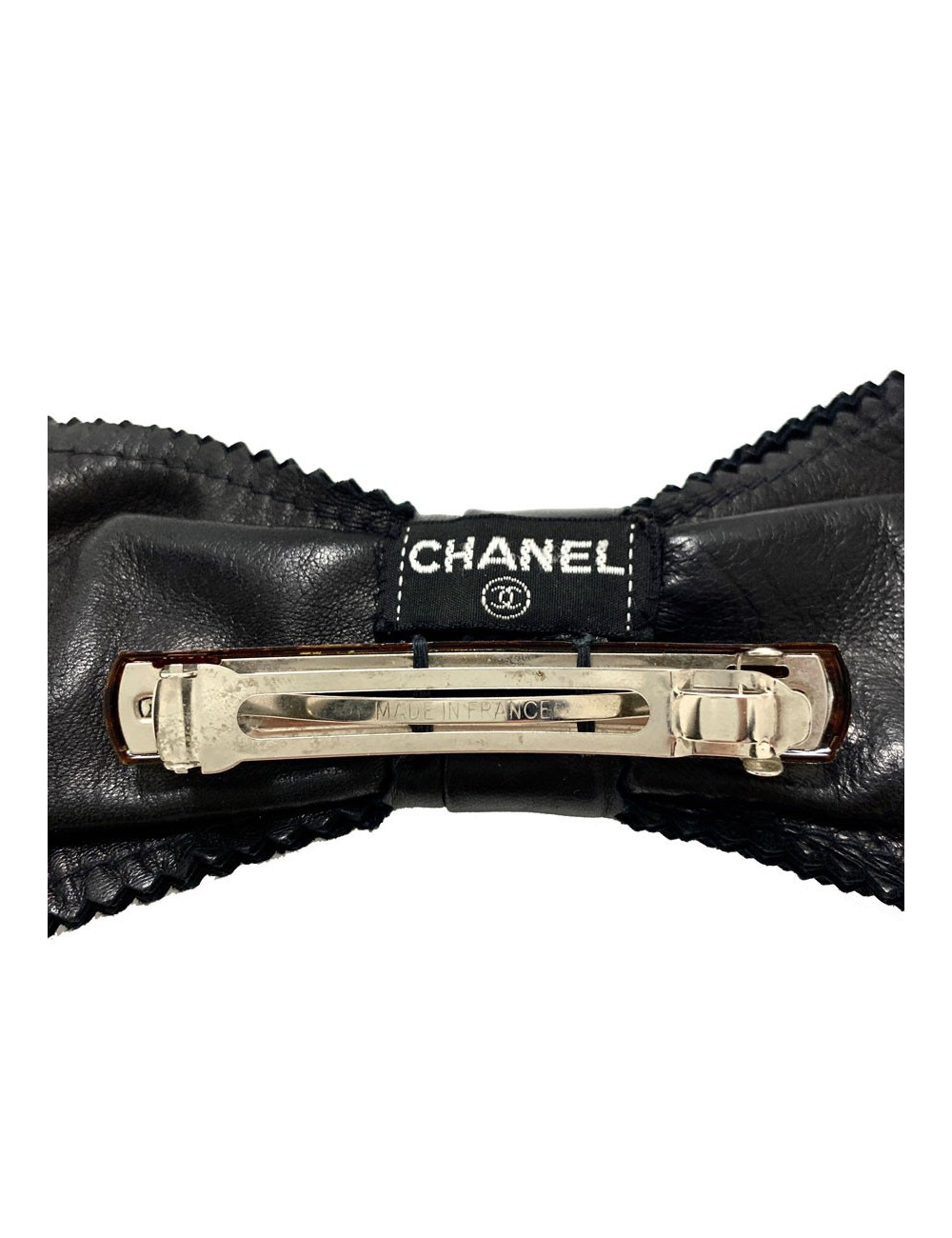 Barette CHANEL noeud cuir noir