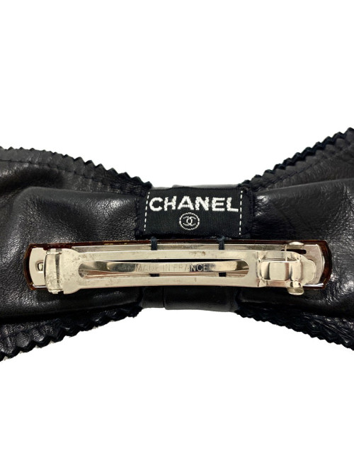 Barette CHANEL noeud cuir noir