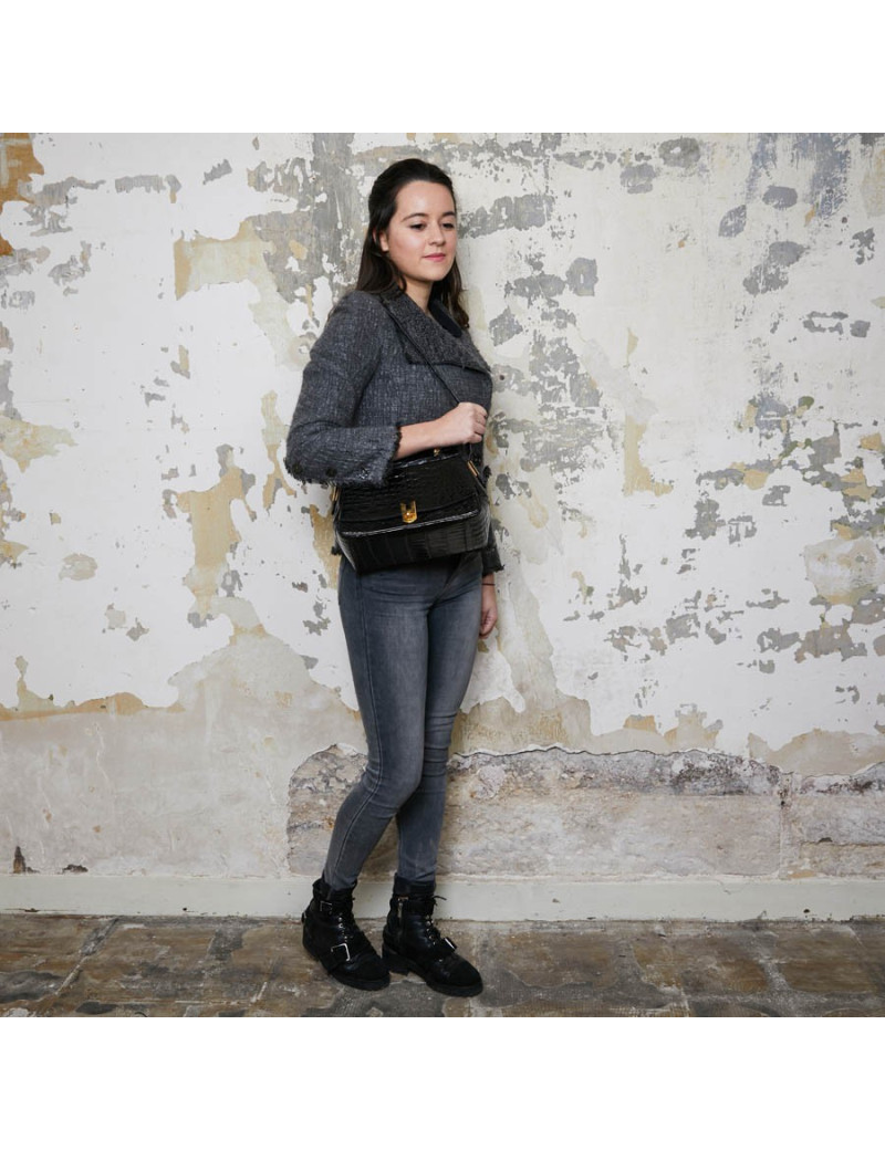 Sac CESARE PUCCINI alligator et cuir noirs