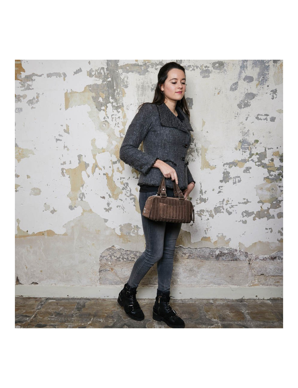 Sac suede gris taupe CHANEL