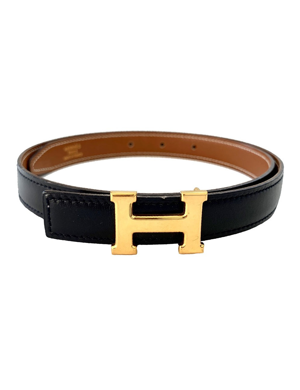 Ceinture H HERMES cuir noir et boucle dorée