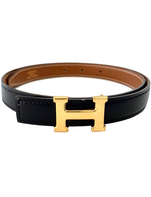 Ceinture H HERMES cuir noir et boucle dorée