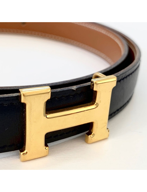 Ceinture H HERMES cuir noir et boucle dorée