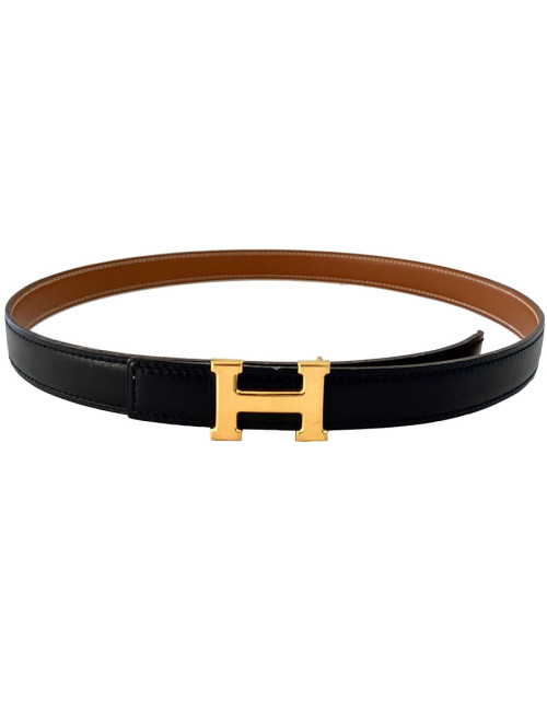 Ceinture H HERMES cuir noir et boucle dorée