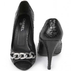 CHANEL high heel open toe sandals in black python leather size 39C