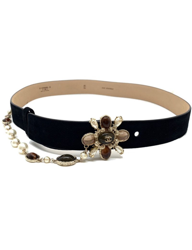 CHANEL belt size 85 EU in black suede and jewel clasp in molten glass