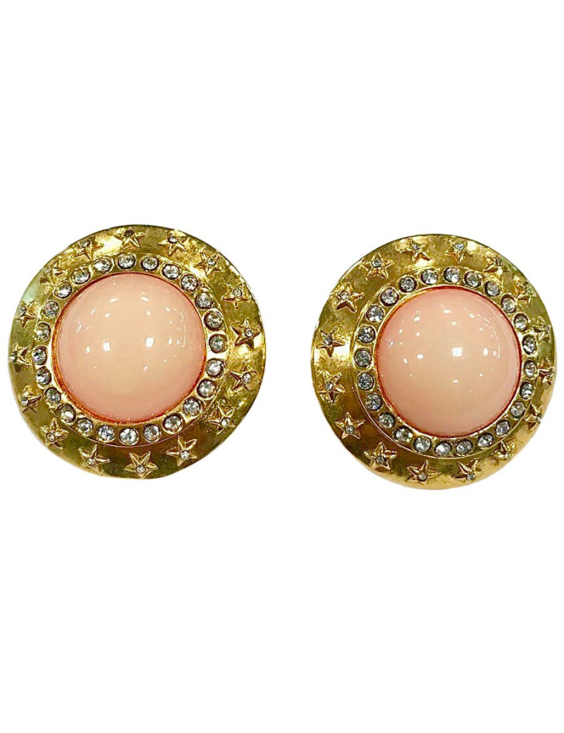 Clips CHANEL vintage rond rose et strass