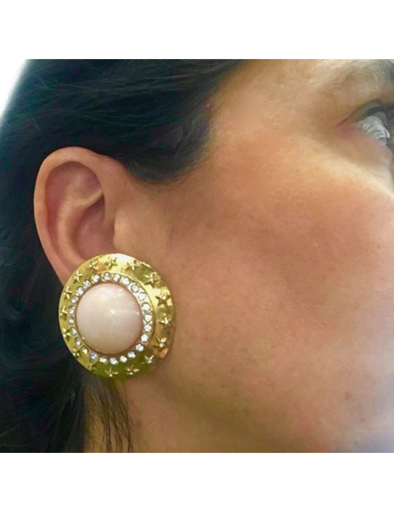 Clips CHANEL vintage rond rose et strass